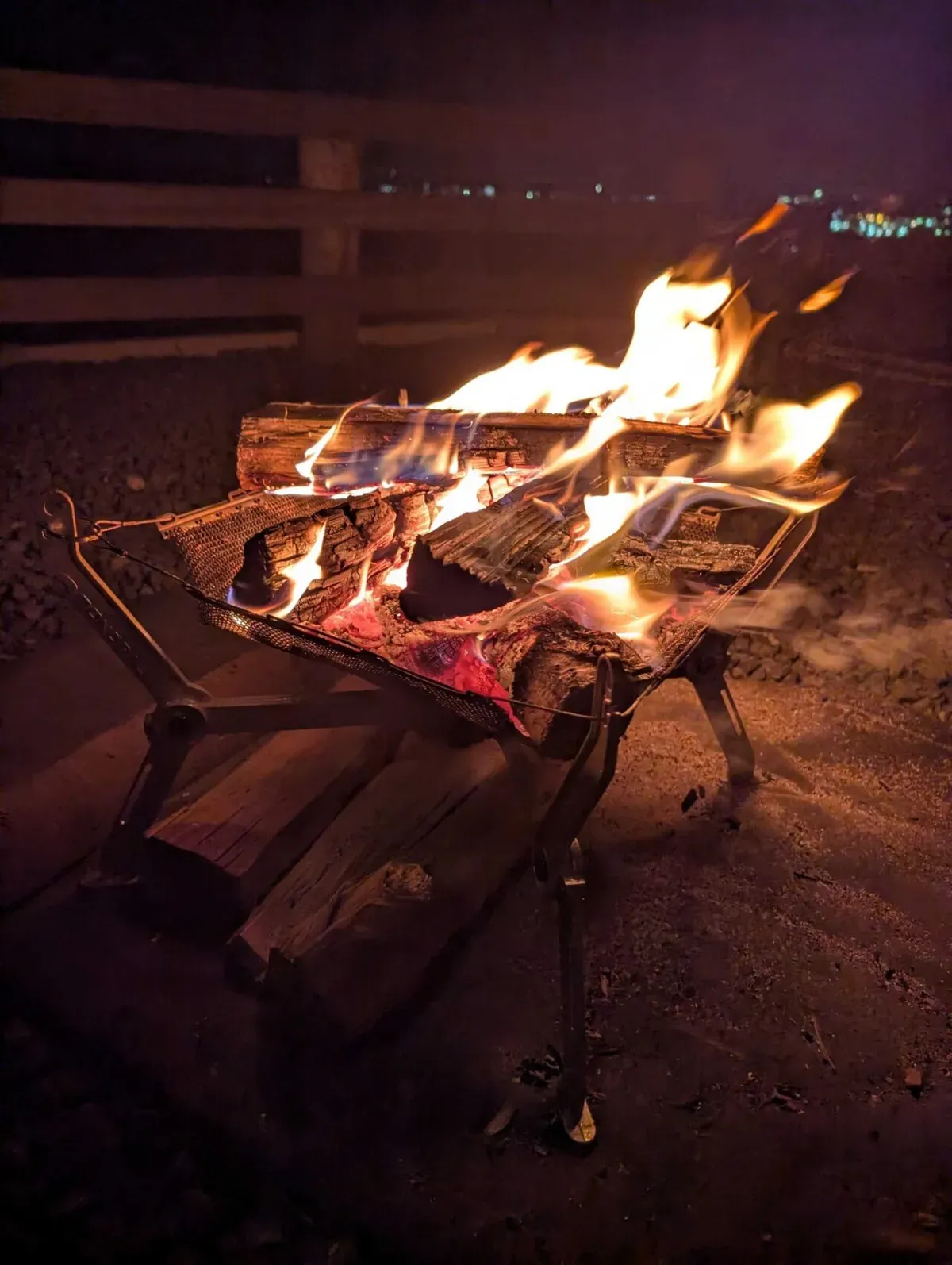 ワイヤフレームソリッドで焚き火をしている夜のシーン。炎がメッシュ火床の上で勢いよく燃え上がっている