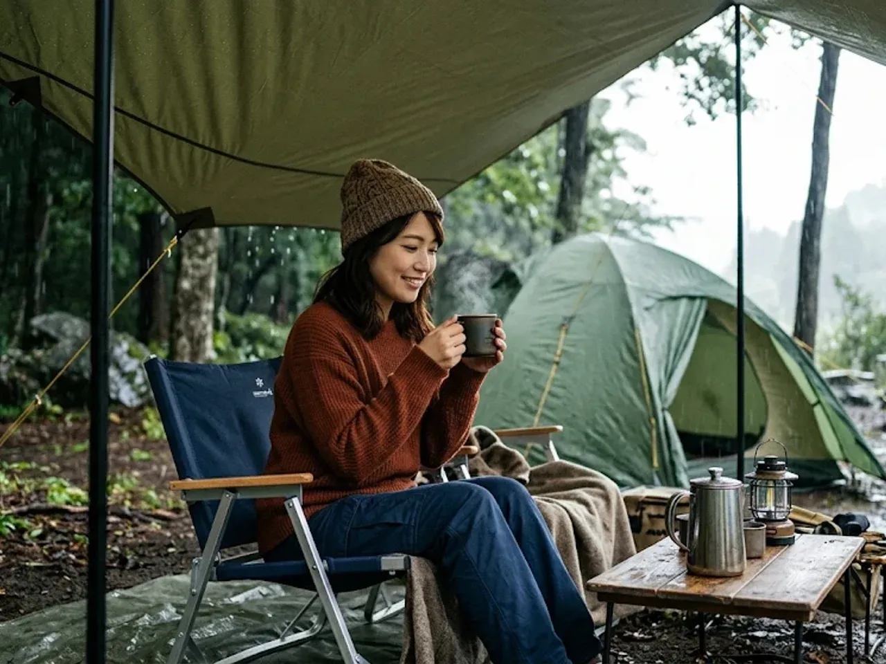 タープの下でコーヒーを飲んでくつろぐキャンパー